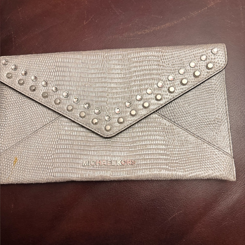 Michael Kors Silver Studded Lizard-Embossed Clutch